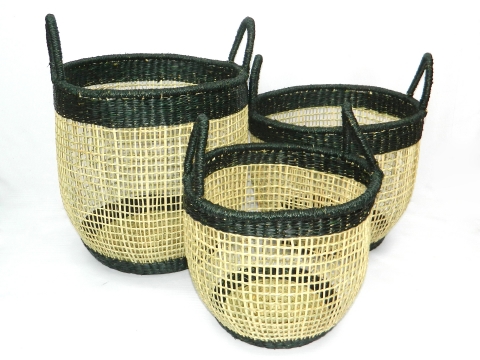 3 pc round seagrass storage baskets 2 tone
