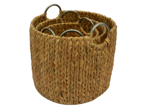 Round water hyacinth storage baskets with metal handles