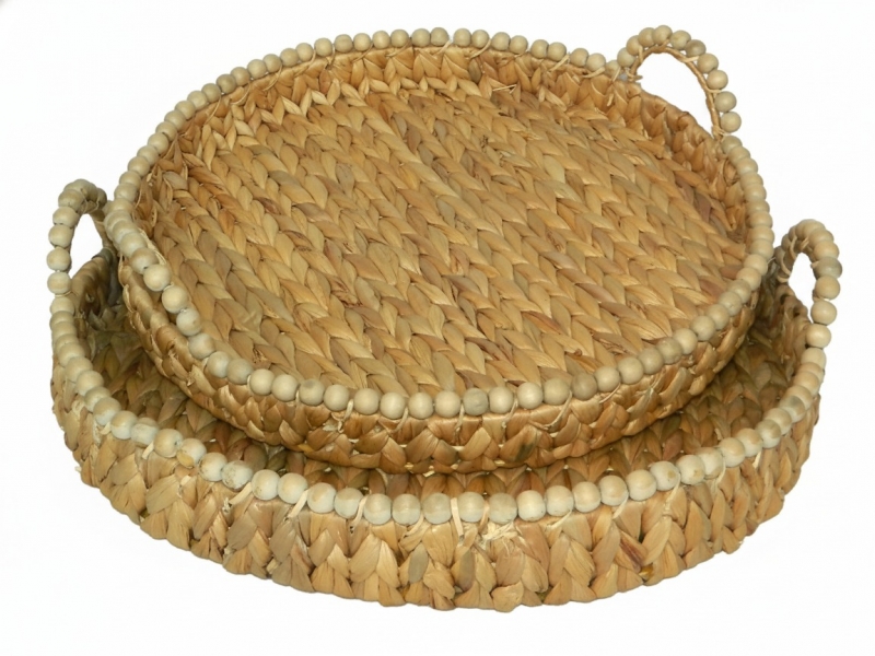 Vietnam water hyacinth tray with wooden beads, set of 2 pcs