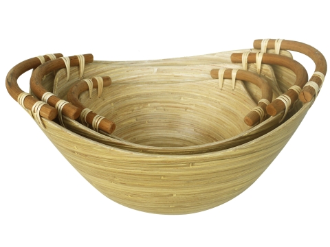 3pcs bamboo salad bowl with rattan handles