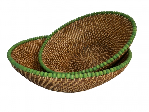2pc rattan fruit bowl with wooden beads