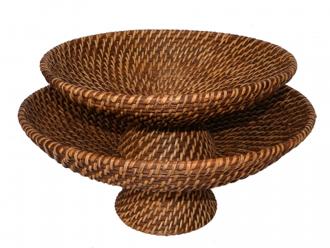 2pc round rattan footed bowl