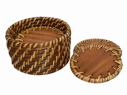 7pc rattan coaster set with bamboo bottom