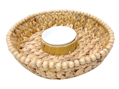 Water hyacinth dip and chip tray with wooden beads