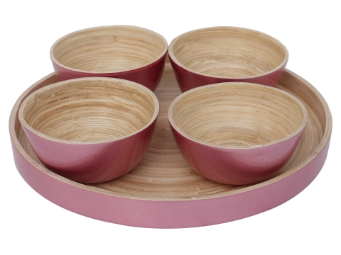 5pc bamboo dip and chip tray metalic