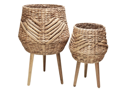 Round water hyacinth planters with 3 wooden legs natural