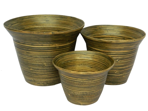 3pc round spun bamboo planters - antique black color