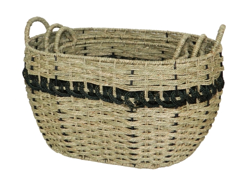 Oval seagrass storage baskets with pattern