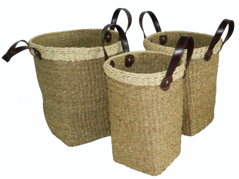 3pc round seagrass storages with leather handles