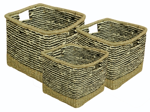 3pc square seagrass storage baskets 2 tone