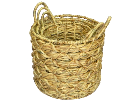 3pc round water hyacinth storage baskets with diamond weave