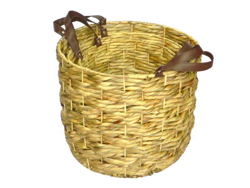 3pc round water hyacinth storages with leather handles