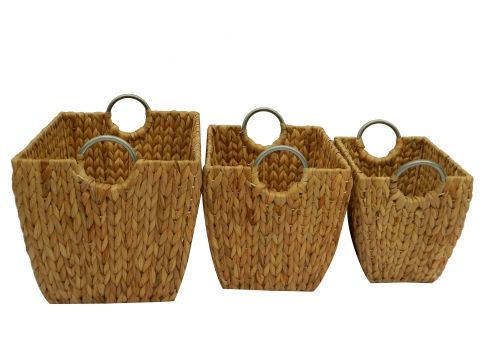 3pc rect water hyacinth storages with metal handles