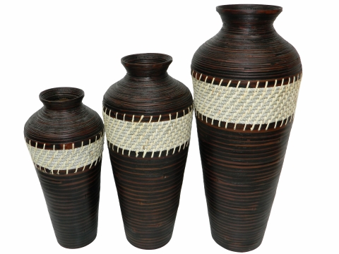 3pc bamboo vase with rope brown washed